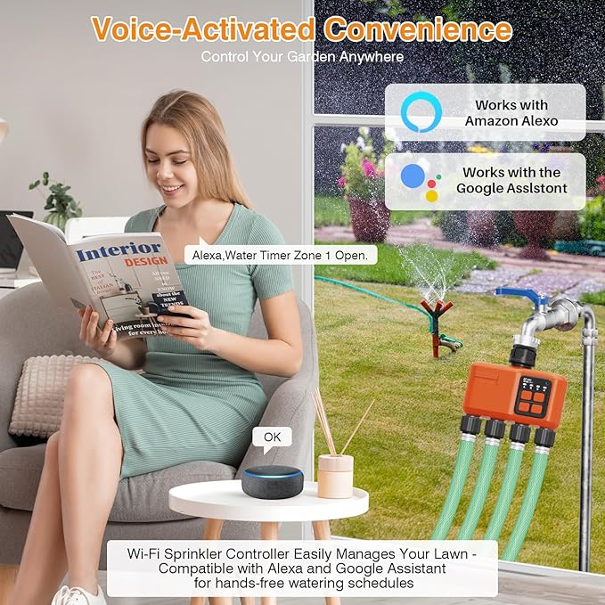 Smart WiFi Sprinkler Timer 4 Zone,WiFi Water Timer for Garden Hose with 984 FT Range,APP & Remote Control,Alexa & Google Voice Compatible,Rain Delay, Manual Mode Sprinkler System