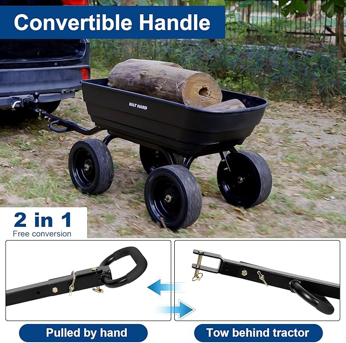 BILT HARD 1200 lbs 7 Cu Ft Poly Garden Dump Cart with 2-in-1 Convertible Handle, No Flat Tires, Quick Release, Dump Wagon Heavy Duty for Yard, Outdoor