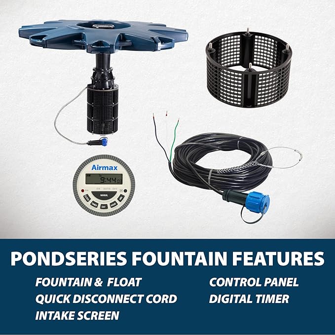 Airmax PondSeries Floating Fountain for Pond & Lake, Water Cooled Motor with 3 Spray Pattern Nozzles for Surface Aeration, 1/2 HP, 115 Volt, 150' Power Cord
