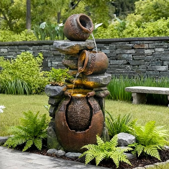 Outdoor Garden Water Fountain for Garden, Patio, Backyard, Deck, Porch and Home Art Decor, 3 Tiers Modern Cascading Outdoor Fountain with Lights 38.4" H