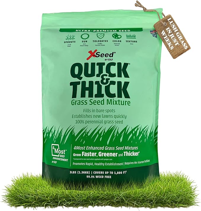 X-Seed Ultra Premium Quick and Thick Lawn Seed Mixture – Rapid Germination for Any Lawn, Dense Coverage in Sun to Shade, High-Traffic Areas, Fescue, Kentucky Blue, & Perennial Ryegrass Blend, 3lb Bag