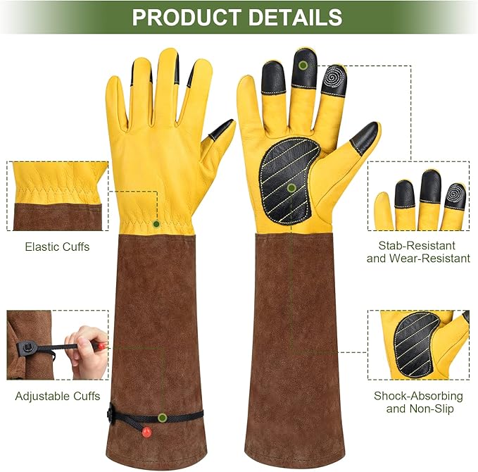 Long Gardening Gloves for Women Thorn Proof,Rose Pruning Cowhide Leather Garden Gloves for Cactus, Rose and Blackberry