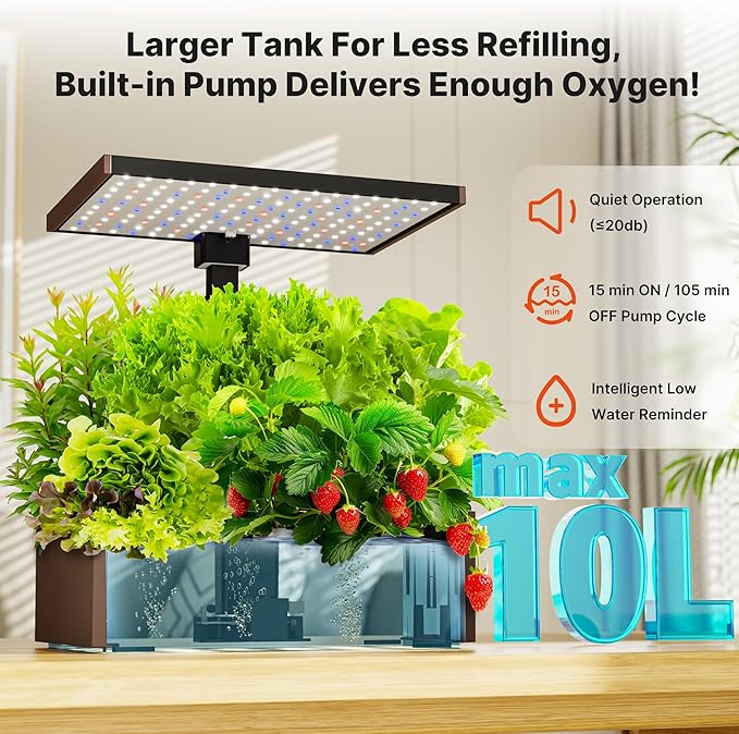 SUNCOZE Hydroponics Growing System Kit 20 Pods, Indoor Herb Garden with Grow Light 30W, 10L Large Water Tank with Adjustable Height to 25", Built-in Pump, Gardening Gifts, Black and Brown