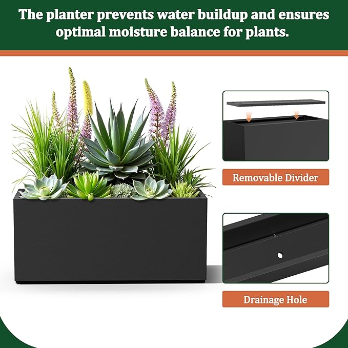 Large Rectangle Planter Metal Black Planter Box with a Drainage Hole and a Removable Divider Indoor Outdoor Porch Pots for Tall Plants, Trees, Flowers 37.99"x 15" x 16.26" Black