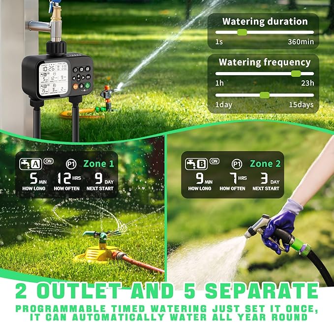 2 Zone Sprinkler Timer for Garden Hose, 8 Programmable Hose Water Timer with Auto Rain Delay, 3.3โ Large LCD Display Digital Irrigation System for Plant, Yard, Lawns, Outdoor