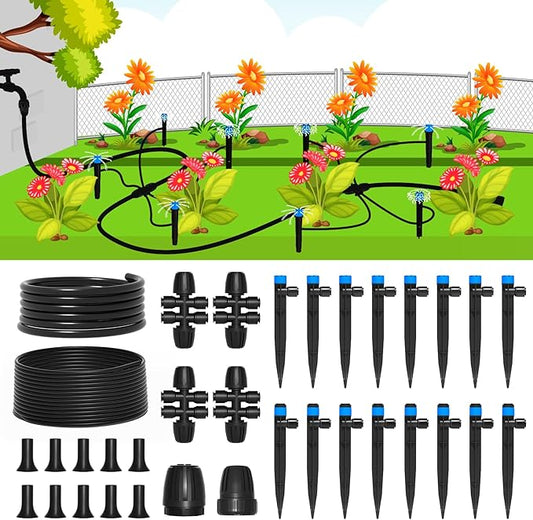 MIXC Drip Irrigation System,Quick Connector Garden Watering System Automatic Sprinkler System Kit for Lawn Raised Bed Greenhouse Plant Watering System (16FT Main Tube+ 79FT 1/4'' Tube)