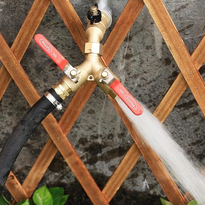 Garden Hose Splitter Full Flow Splitter No Restricted-Flow Connector Heavy Duty Brass Hose y Splitter, 2 way High Flow Hose Bib Adapter with Shut Off Valves (Long Handle)