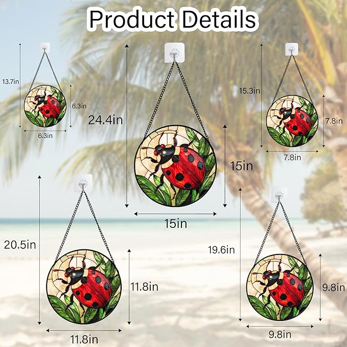 Stained Glass Window Hanging - Red Seven-Spotted Ladybug Sun Catcher for Door Home Decor Insect Suncatcher Christmas Mother's Day Birthday Gifts for Women Men Mom Nana 7.8 in