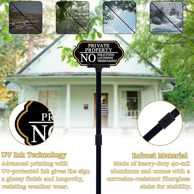 No Soliciting Sign for Front Door with Stake, Private Property No Trespassing Sign 14x7 inch/37 inch High for House and Yard (1-Pack)