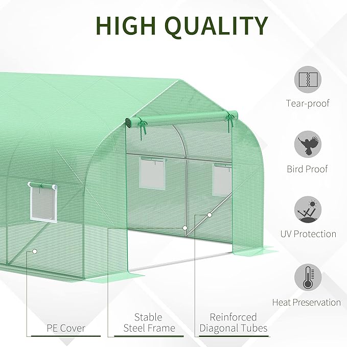 Outsunny 12' x 10' x 7' Outdoor Walk-in Greenhouse, Tunnel Green House with Roll-up Windows, Zippered Door, PE Cover, Heavy Duty Steel Frame, Green