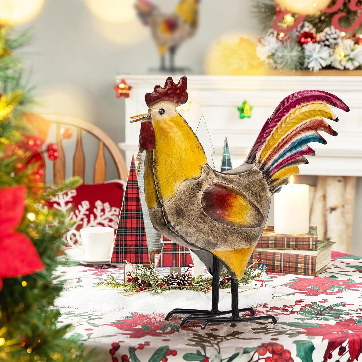 Set of 2 Metal Chicken Decor, Farmhouse Metal Rooster, Garden Chicken Statue, Hen and Rooster Ornaments Yard Art for Backyard Patio Lawn Decorations