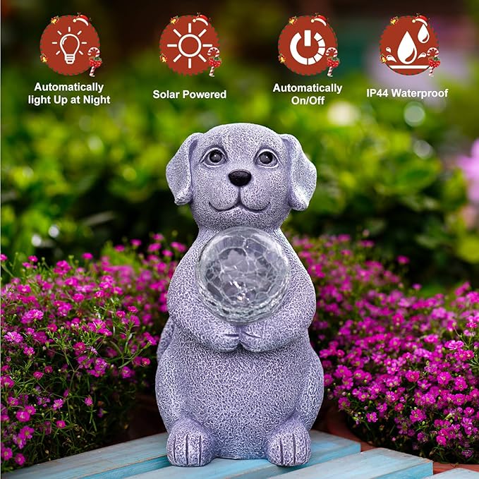 Dog Garden Statues - 8.4 Dog Decor with Gazing Ball LED Lights, Unique Gifts for Mom Grandma Birthdays, Outdoor Decor for Outside Lawn Porch Patio (Gray)