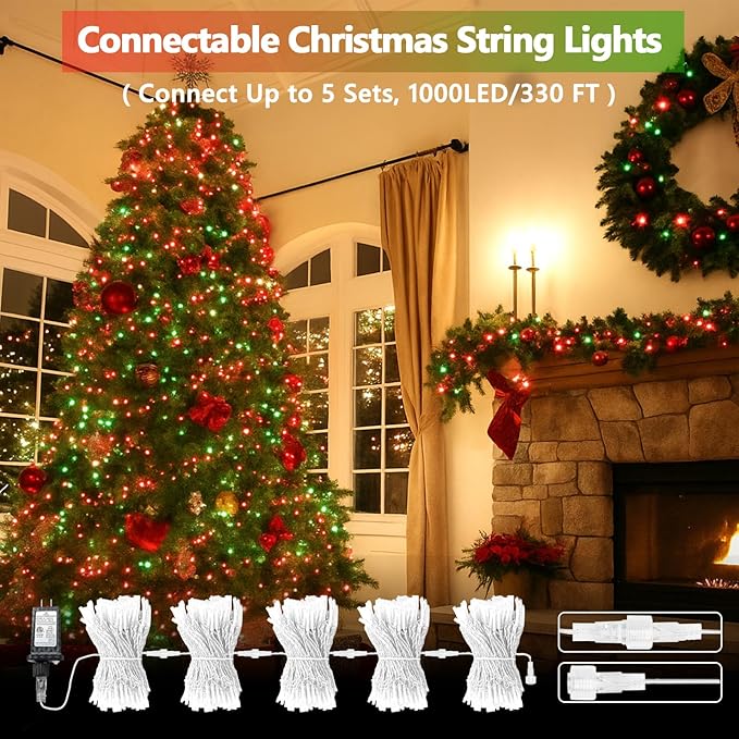 Upgraded Connectable 200 LED Christmas String Lights Outdoor Indoor, 66FT Red and Green Christmas Lights 13 Modes, Waterproof Twinkle Fairy Lights Plug in Clear Wire for Tree, Bedroom Decoration