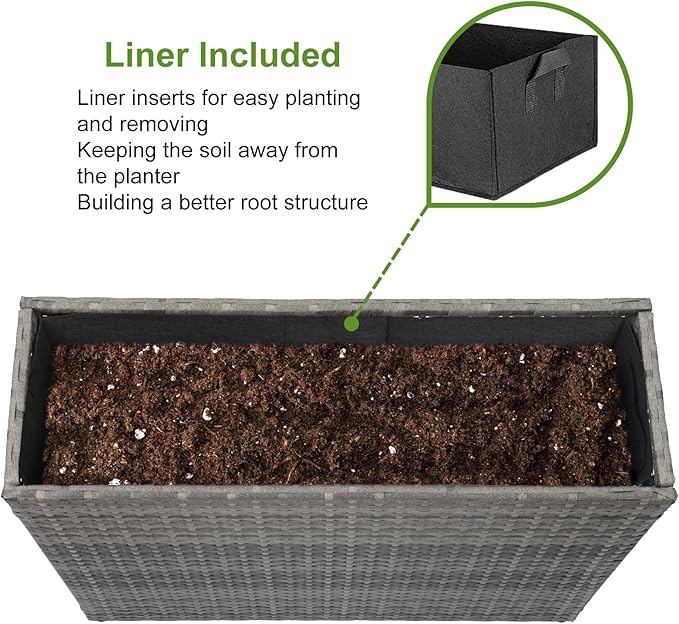 LEWIS&WAYNE Tall Planters for Outdoor Plants Handmade Wicker Large Rectangular Block Planter Box with Removable Liners Modern Planter for Indoor Outdoor Patio Deck - Gray