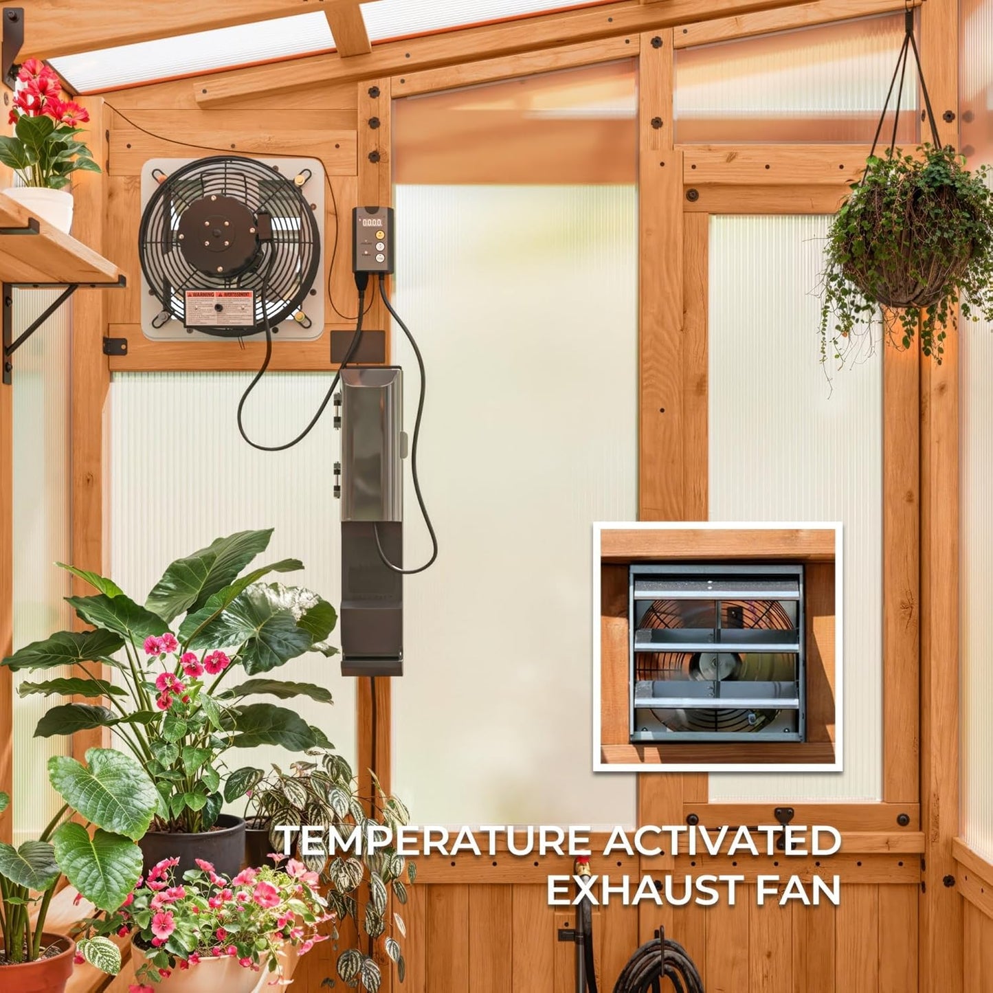 Backyard Discovery Poppy 9' x 6' Cedar Wood and Polycarbonate Walk-in Greenhouse Kit with Exhaust Fan, Windows, Hose Hook-Ups, PowerPort, Staging Shelves, Plant Hooks for Year-Round Outdoor Gardening