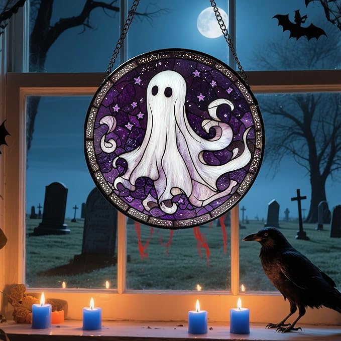 Stained Glass Window Hanging - Halloween Decorations White Ghost Purple Stars Suncatcher for Doors Garden Spooky Funny Sun Catchers Gothic Decor Horror Gifts for Women Men Friend 7.8 in