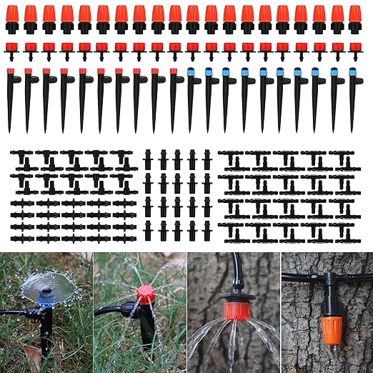 160 Pcs Adjustable Irrigation Emitters, Mister Nozzles, Drippers, Sprayers, Barbed Connectors, Irrigation Parts for 1/4" Tubing Garden Watering System (Tubing Not Included)
