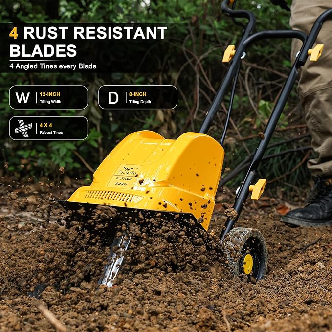 Garden Rototiller 12-Inch 10.5-Amp Corded Electric Tiller/Cultivator, Adjustable Wheels, 8-Inch Tilling Depth, Powerful and Lightweight Tiller
