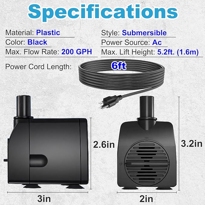 Submersible Pump 200GPH Ultra Quiet with Over Heating Protection 5.2ft High Lift for Fountains, Hydroponics, Ponds, Aquariums & More…