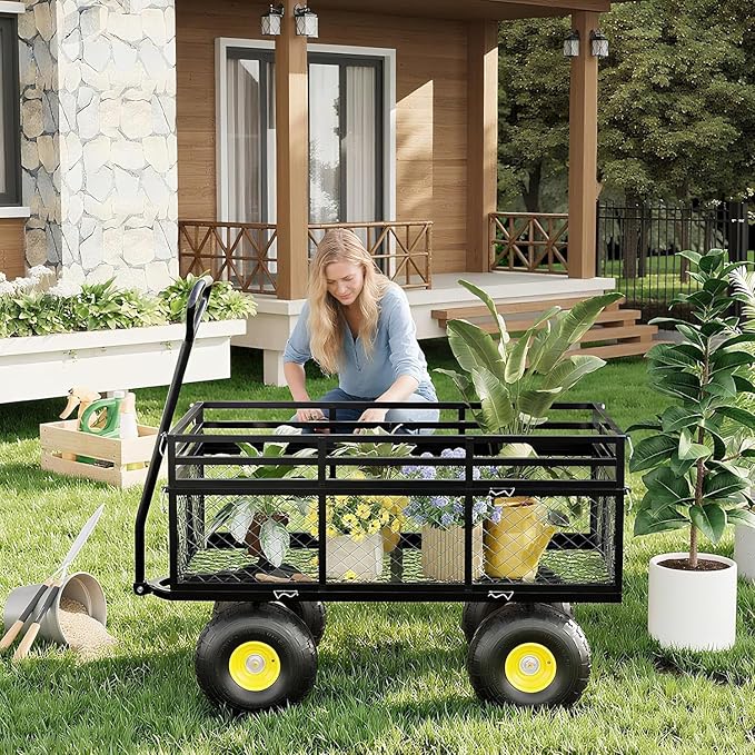 Metal Wagon - 1400lbs Garden Cart with 10" Multi-Terrain Tires, 4 Removable Mesh Sides & 180° Swivel Handle, Yard Wagon Cart for Lawn, Yard, Patio Gardening