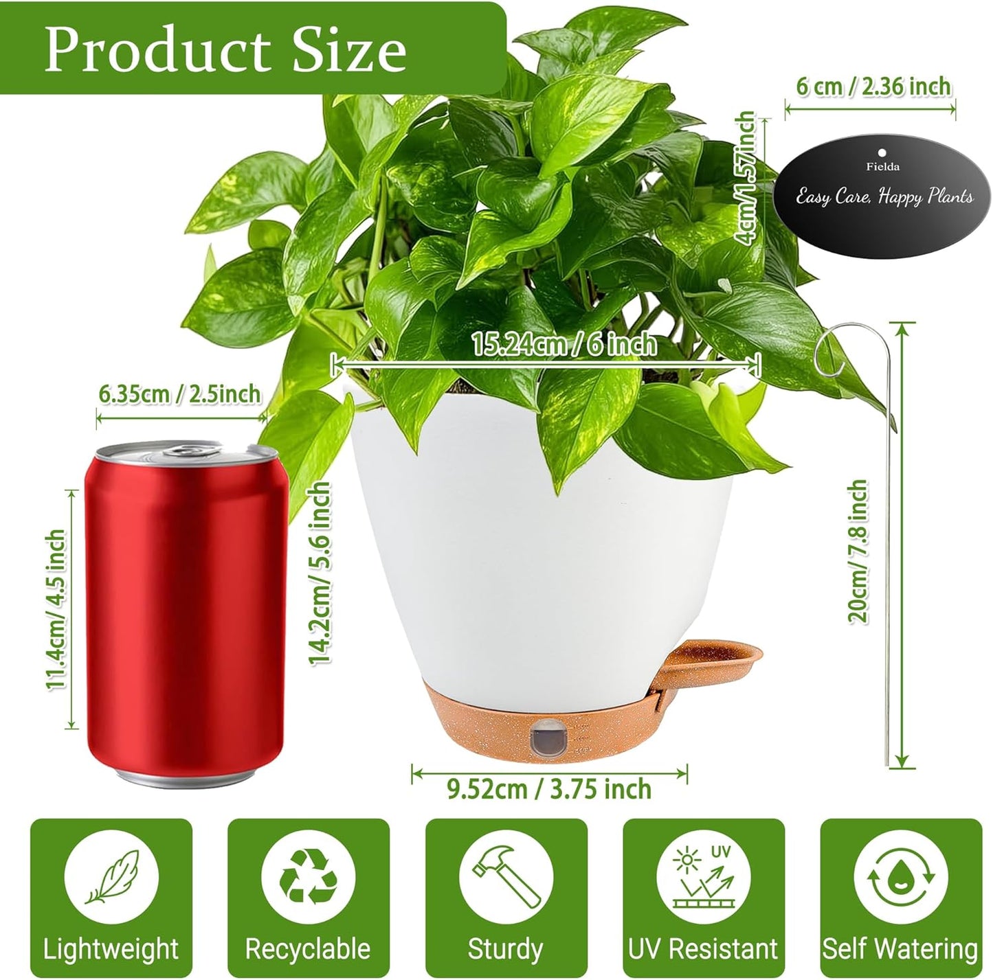 6 Inch Self Watering Pots for Indoor Plants (5-Pack) โ Small Plastic Planters with Water Window, Drainage Holes & Trays, Indoor Outdoor Flower Pots for Herbs, Succulents, Home Garden Decor (White)