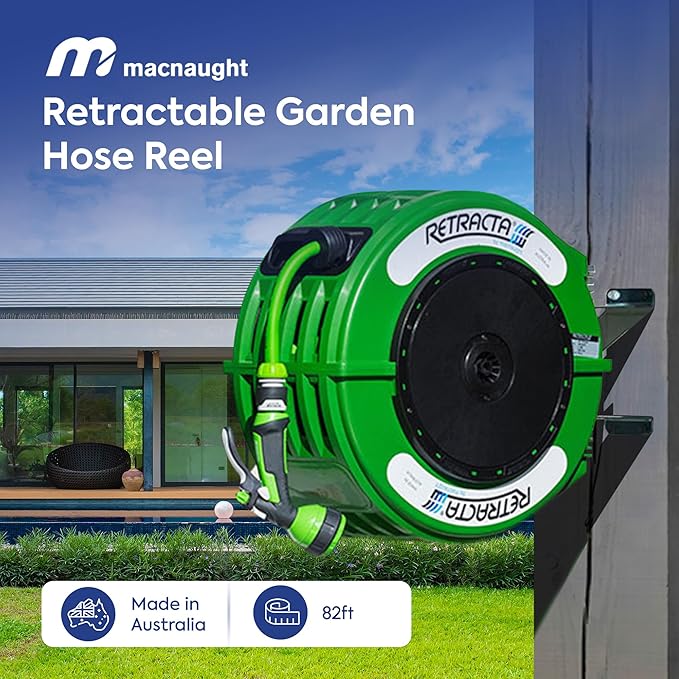 Macnaught Retractable Garden Hose Reel, 82 Ft Water Hose Reel Heavy Duty Retractable Hose with Metal 180° Swivel Rotation Bracket for Wall Mount - Green