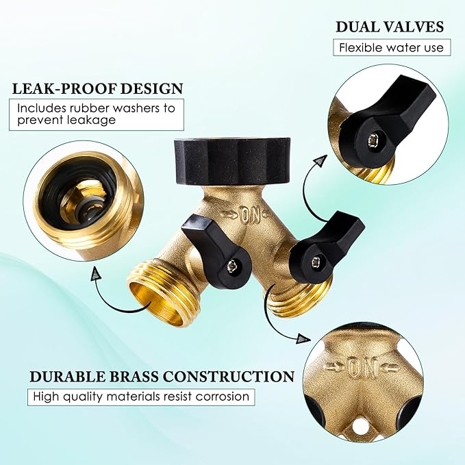 Dalmbox Garden Hose Splitter 2 Way, Y Connector Brass Garden Hose Adapter, Water Hose Splitter, Double Shut Off Valve, Includes 5 Rubber Washers & Teflon Tape(2 pack)