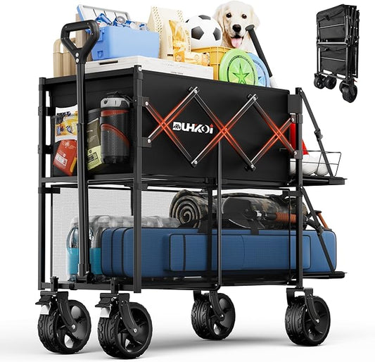 Double Decker Wagon 320L Large Capacity 400LBS Collapsible Sports Utility Cart with Big Wheels,Double Extended Tailgate Heavy Duty Folding Wagon Cart for Groceries,Camping,Beach,Garden,Outdoor