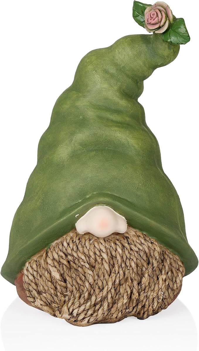 Alpine Corporation QWR1440 Outdoor Gnome Head with Rope Beard and Flower on Green Hat Garden Statue, 10" Tall