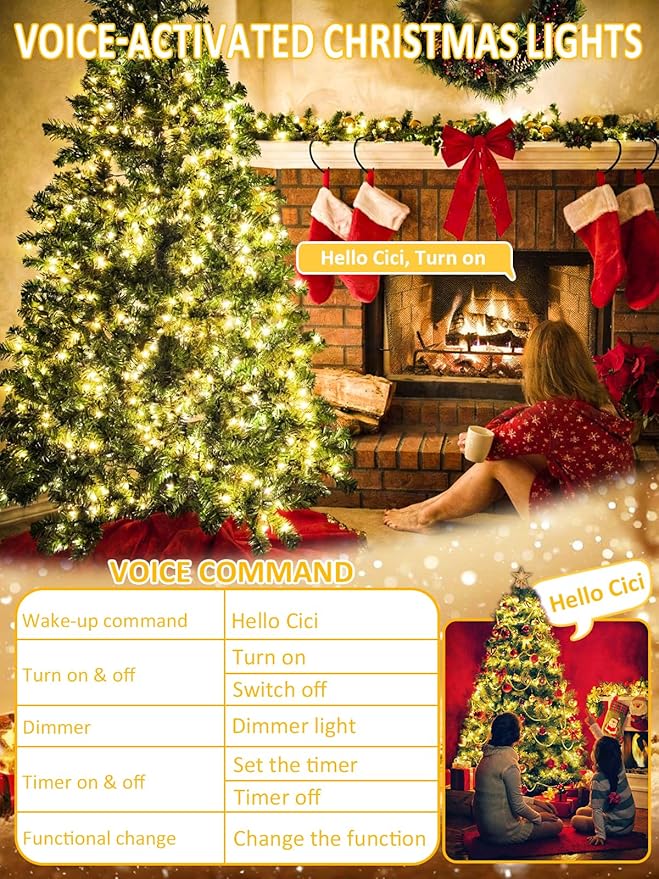 Voice Control Smart Christmas Lights Indoor Outdoor, Clear Wire 66Ft 200 LED String Lights Waterproof, 12 Modes Twinkle Fairy String Light for Xmas Tree Wedding Party Bedroom Decorations (Warm White)