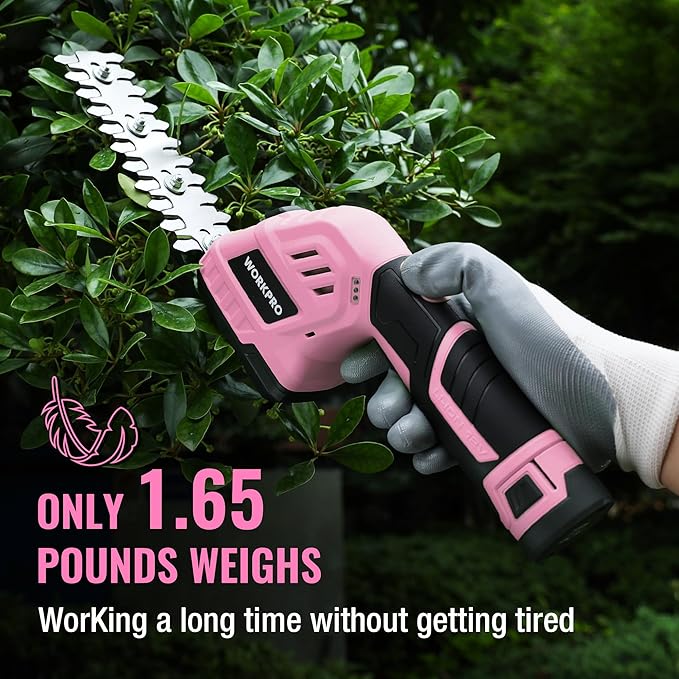 WORKPRO 12V Cordless Grass Shear & Shrubbery Trimmer - 2 in 1 Handheld Hedge Trimmer, Electric Bush Trimmer/Grass Cutter with 2.0Ah Rechargeable Lithium-Ion Battery &1 Hour Fast Charger, Pink Ribbon
