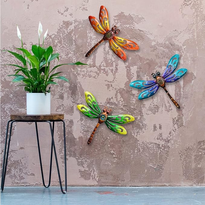 wotieuns Metal Dragonfly Wall Decoration, Garden Fence Outdoor Wall Art, Outdoor Wall Decoration, Outdoor Art Decoration Dragonfly, Suitable for Living Room, Bedroom, Yard and Porch, Set of 3