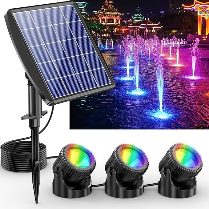 POPOSOAP Solar Pond Lights, RGB Multi-Color Pond Lights Waterproof IP68, Underwater Light with Timer Modes Options for Pond Fountain Pool Garden Decoration(3 Headlamp)