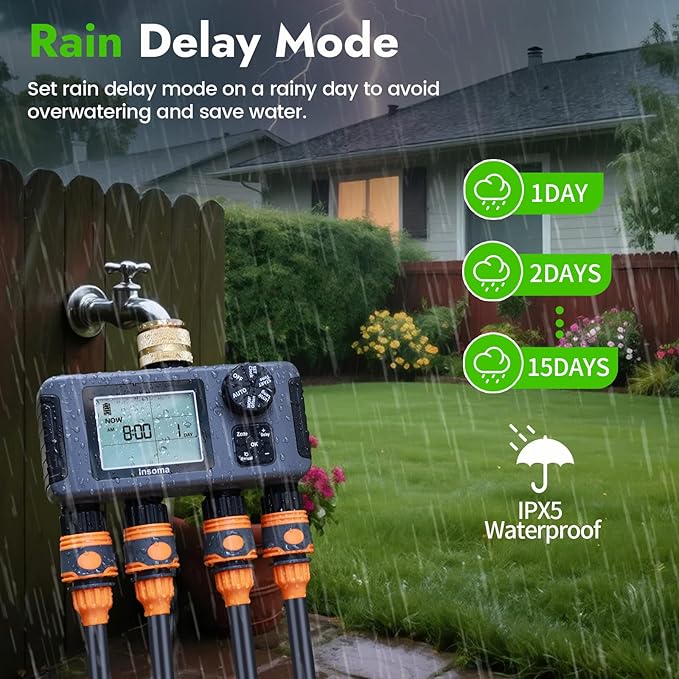 Insoma Water Timer with Brass Inlet, 4 Independent Zones Outdoor Hose Timer for Garden Faucet with Auto/Manual/Rain Delay Mode, IPX5 Waterproof, Sprinkler Irrigation Controller for Yard Lawn