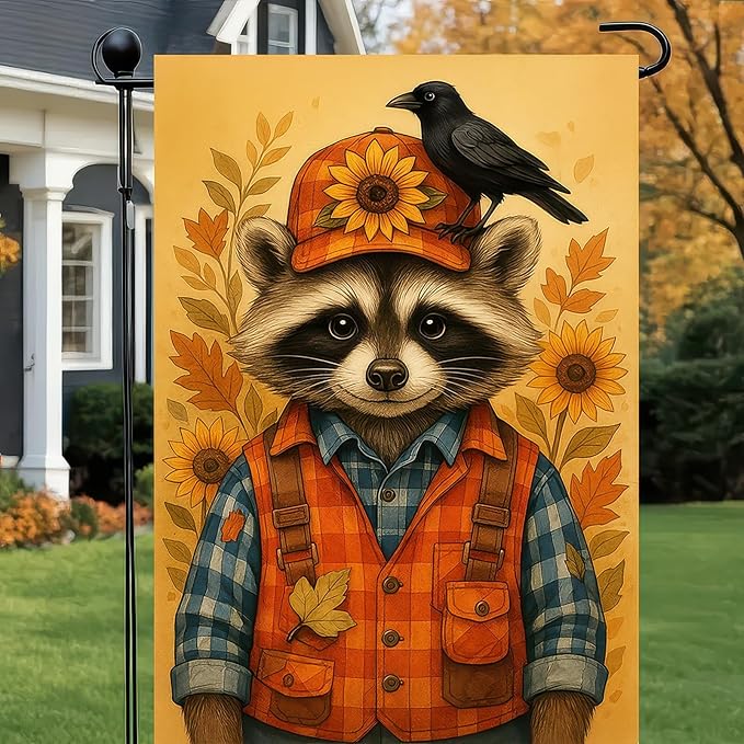 Thanksgiving Fall Garden Flag 12x18 Inch Welcome Raccoon Outdoor Flag Double Sided Autumn Yard Banner with Sunflower Hat and Bird for Porch Lawn Patio Seasonal Decor