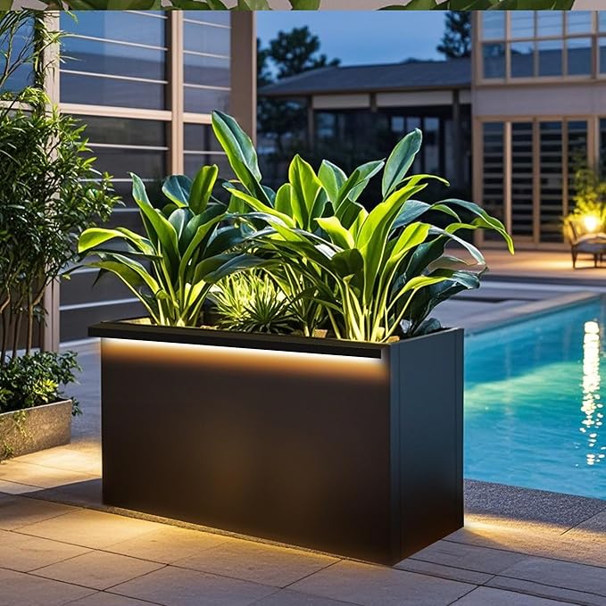 GSK 30" L Black LED Metal Planter Rectangle Flower Box Light Strips ×2 Galvanized Trough Indoor Rectangular Outdoor Patio Terrace Balcony Garden Plant with Drainage Holes & Insert