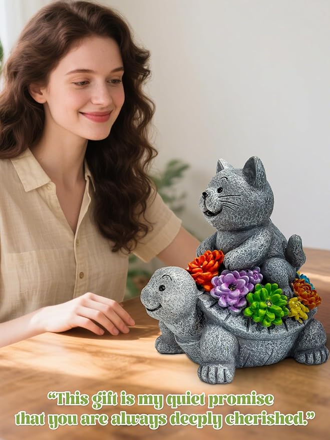 Solar Garden Outdoor Statues Decor, with Cat Turtle Succulent Garden Decor for Home House, Yard Art Lawn, Ornaments, Porch Patio, Balcony - Birthday Gifts for Grandma Mom Women