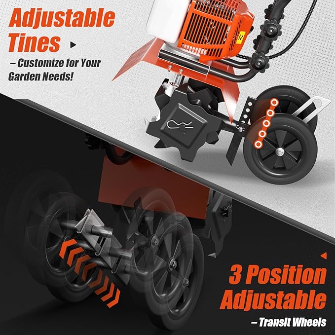 62cc Gas Tiller Cultivator, 10-Inch 2-Cycle Gas Powered Garden Tiller for Heavy Duty Soil, Self-Propelled Lawn Tiller with 4 Steel Tines & Adjustable Handle, Easy Pull Start for Clay/Dirt