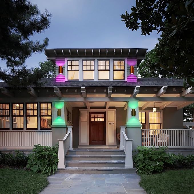 RGB Outdoor Wall Light LED Exterior Lighting Fixtures with Remote Control or App Control, 7" Handmade Gold Outdoor Sconce Lights for House Front Door Garage Patio Porch