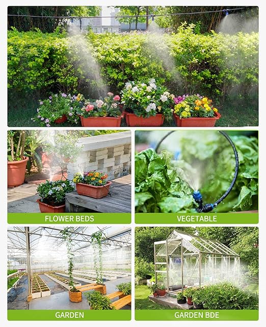 HIRALIY 59FT Greenhouse Misting Drip Irrigation Kit, Hanging Plant Watering, Garden Watering System with 1/4" Blank Tubing and Misting Nozzles, Quick Connector Design Automatic Irrigation System