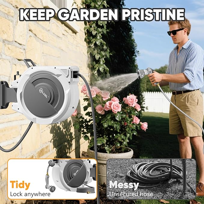 SILVEL Retractable Garden Hose Reel – 5/8 in x 75FT Heavy Duty Automatic Hose Reel Wall Mounted, Upgraded UV Resistant with 10 Pattern Nozzle, Any Length Lock & Slow Return System, 180°Swivel Bracket