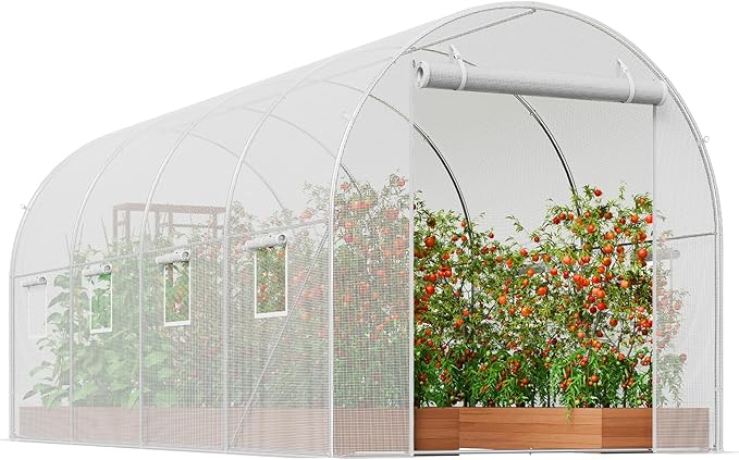 VEVOR Walk-in Tunnel Greenhouse, 14.6x6.4x6.3 ft Hoop House Greenhouse Tunnel, Plant Hot House with Galvanized Steel Frame, White PE Cover, Roll-up Zipper Door and 8 Windows for Outdoor