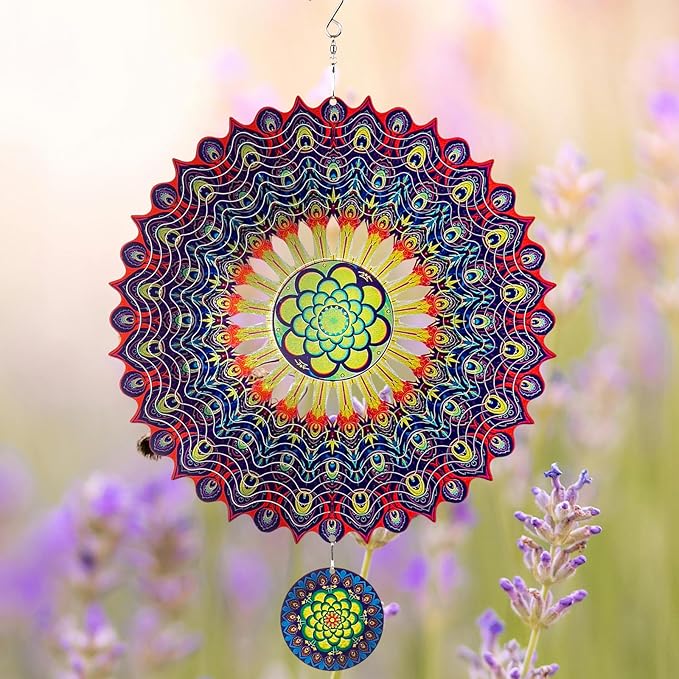 TUOKING Wind Spinners Outdoor Peacock Feathers 3D Metal Hanging Art Wind Sculptures 12 Inch Stainless Steel for Yard and Garden Decoration Worth Gift for Women