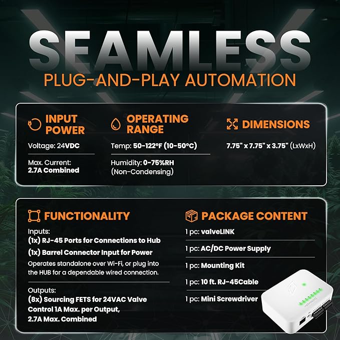 valveLINK 8-Channel Irrigation Controller – Automates Valves for Watering & Crop Steering in Controlled Environment Agriculture – Manual or Automatic Operation via Sensors, Timers, Schedules