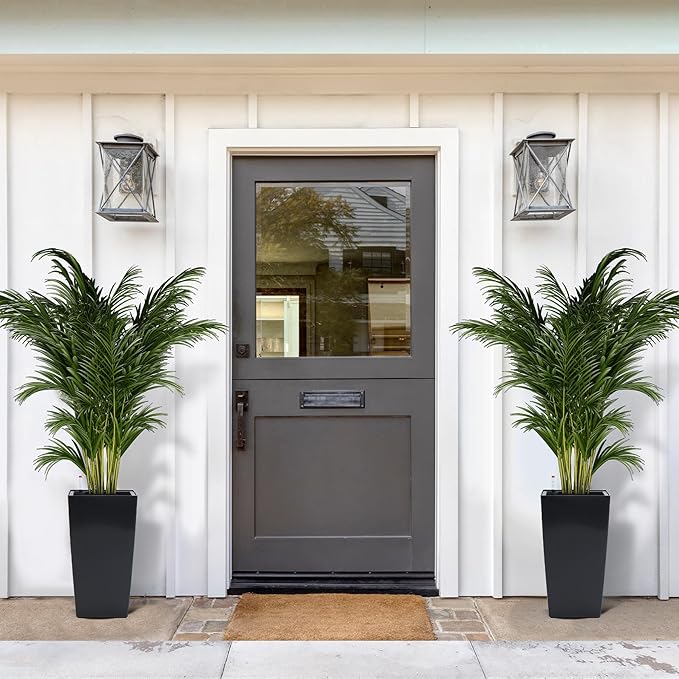 GarveeLife 16 in Tall Planters Set of 2, Outdoor&Indoor Black Planter Pots, High Front Porch Planter Pots with Drainage Holes&Water Level Monitor&Inner Bucket, Automatic Watering,Black