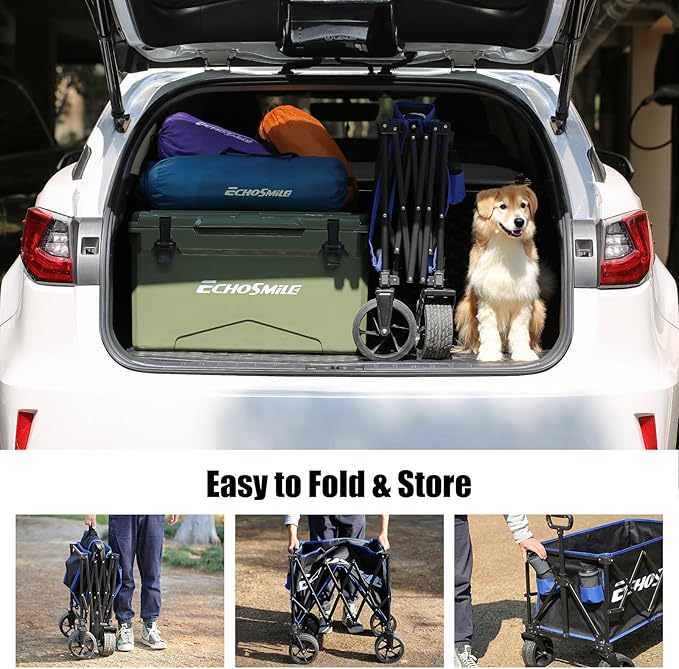 EchoSmile Collapsible Folding Wagon Cart 360lbs, Heavy Duty Garden Utility Cart with All Terrain Wheels, Large Capacity Outdoor Wagon for Camping, Beach, Shopping, Picnic (Blue Black)