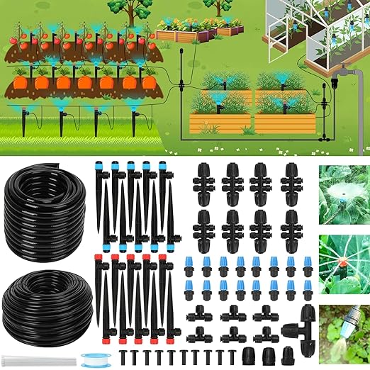 177FT Drip Irrigation Kit โ 2025 New Quick-Connect Micro Irrigation System with 46FT 1/2'' Tubing, Locking Nozzle Emitters, Adjustable Misting Sprayers for Gardens, Lawns, Raised Beds and Greenhouses