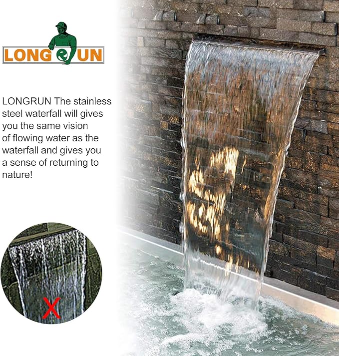 LONGRUN Waterfall Spillway Stainless Steel Pond Waterfalls with Color Changing LED Light, Outdoor Pool Fountain Water Spillway Waterfall Kit for Garden Patio Swimming Pool Koi Ponds Decoration-11.8"