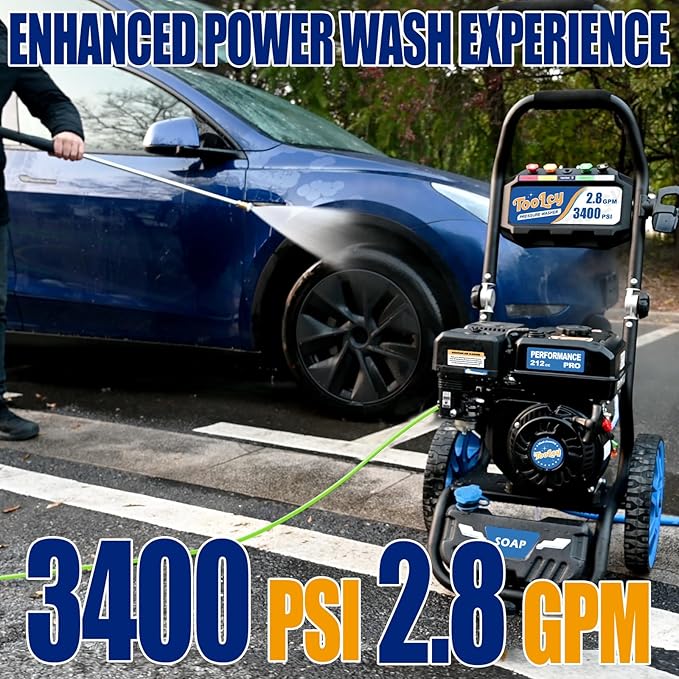 TOOLCY Gas Pressure Washer 3400 PSI & 2.8 GPM Max, High-Powered 212cc Engine, Enhanced Pump, 50FT Pressure Hose, Onboard Soap Tank, Foldable Handle, Kink-Less Swivel Spray Gun & 5 Nozzle Tips
