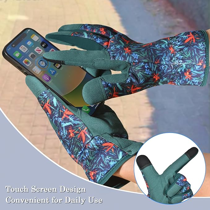 Gardening Gloves for Women and Men, Garden Gloves with Touch Screen, Thorn Proof Puncture Resistant Working Gloves, Gardening Gifts for Women,Blue-red-green flowers M